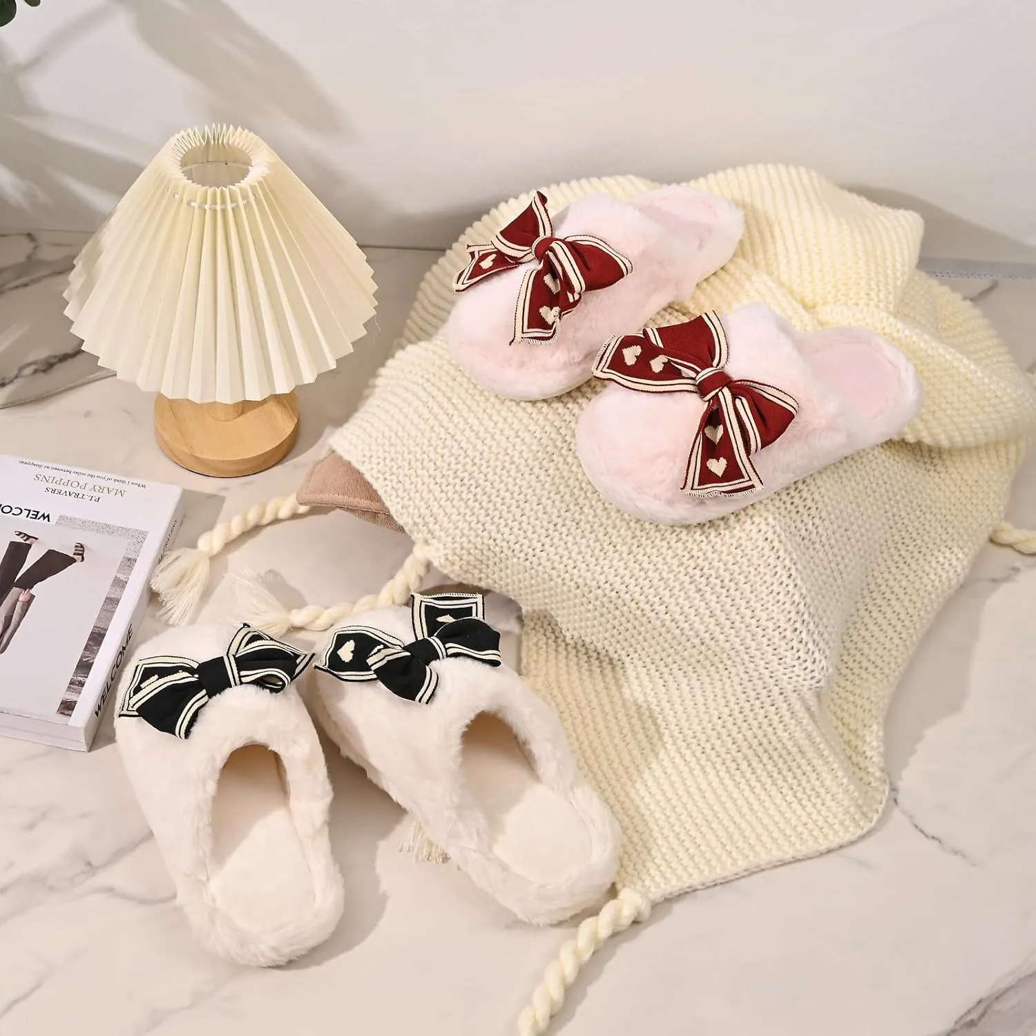 Fuzzy Knitted Bow Slippers for Women, Winter Bedroom Warm Fur Lined Slippers with Anti-Skid Sole, Cozy House Home Slip-On Shoes