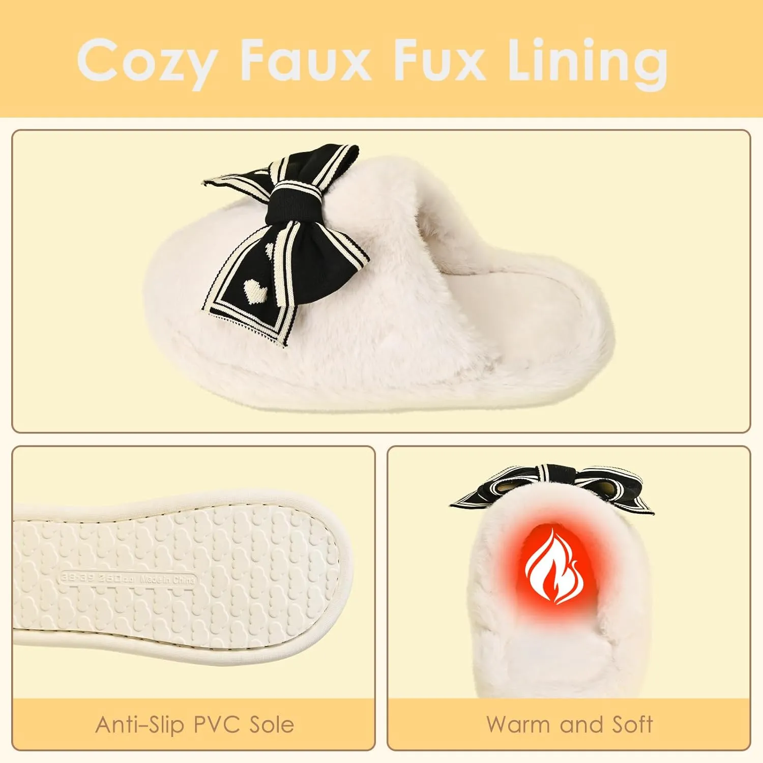 Fuzzy Knitted Bow Slippers for Women, Winter Bedroom Warm Fur Lined Slippers with Anti-Skid Sole, Cozy House Home Slip-On Shoes