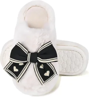 Fuzzy Knitted Bow Slippers for Women, Winter Bedroom Warm Fur Lined Slippers with Anti-Skid Sole, Cozy House Home Slip-On Shoes