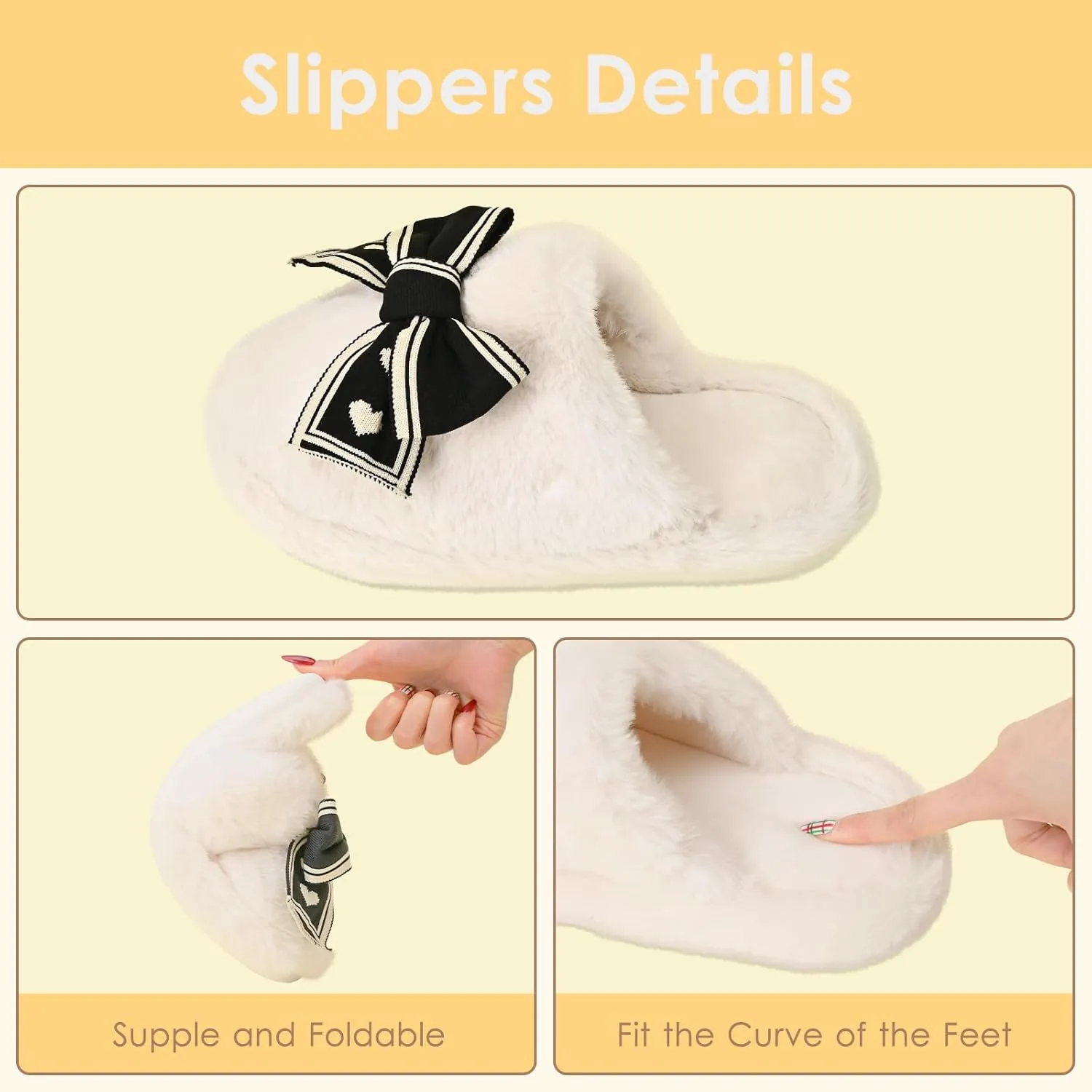 Fuzzy Knitted Bow Slippers for Women, Winter Bedroom Warm Fur Lined Slippers with Anti-Skid Sole, Cozy House Home Slip-On Shoes
