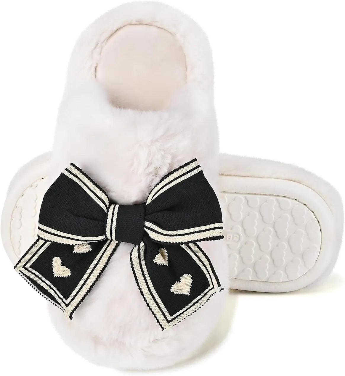 Fuzzy Knitted Bow Slippers for Women, Winter Bedroom Warm Fur Lined Slippers with Anti-Skid Sole, Cozy House Home Slip-On Shoes