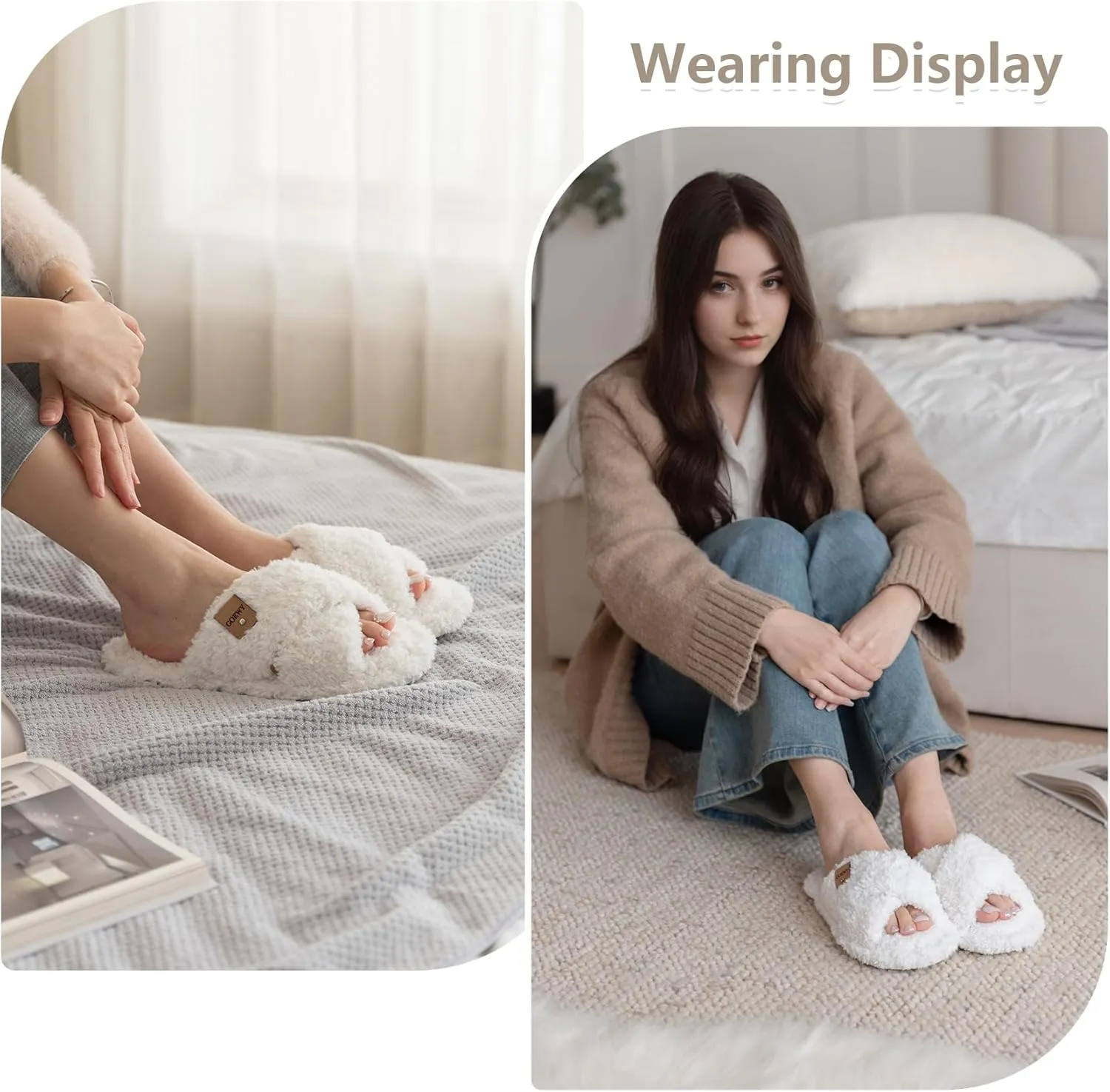 Fuzzy Open Toe Slippers for Women Indoor and Outdoor with Memory Foam Cozy Cross Band Women's Slipper Cute Soft House Shoes Slip On Gifts for Womens Mom Her Ladies Bridesmaid