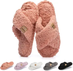 Fuzzy Open Toe Slippers for Women Indoor and Outdoor with Memory Foam Cozy Cross Band Women's Slipper Cute Soft House Shoes Slip On Gifts for Womens Mom Her Ladies Bridesmaid