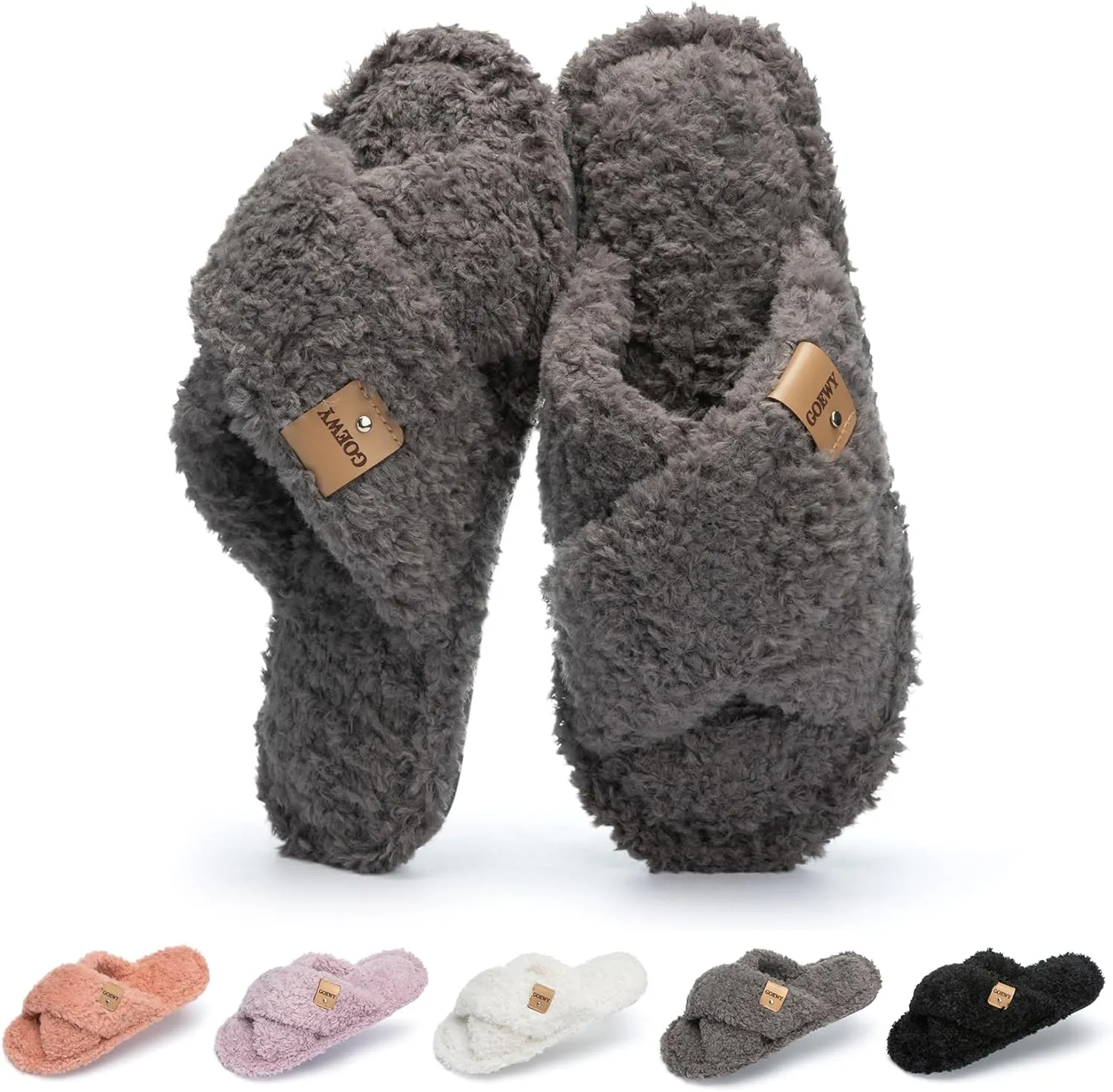 Fuzzy Open Toe Slippers for Women Indoor and Outdoor with Memory Foam Cozy Cross Band Women's Slipper Cute Soft House Shoes Slip On Gifts for Womens Mom Her Ladies Bridesmaid