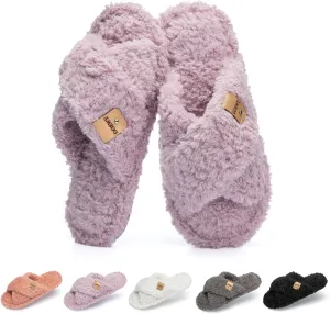 Fuzzy Open Toe Slippers for Women Indoor and Outdoor with Memory Foam Cozy Cross Band Women's Slipper Cute Soft House Shoes Slip On Gifts for Womens Mom Her Ladies Bridesmaid