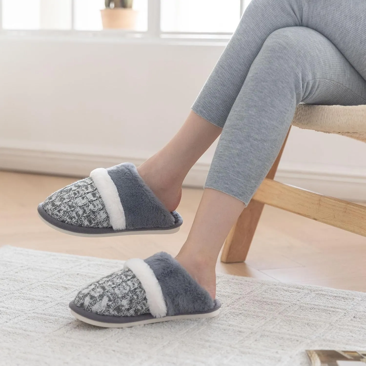 Fuzzy Slippers for Women Indoor and Outdoor Cozy Soft Women's Slipper Knit House Shoes with Memory Foam Anti-Skid Sole Gifts for Womens Mom Her Ladies