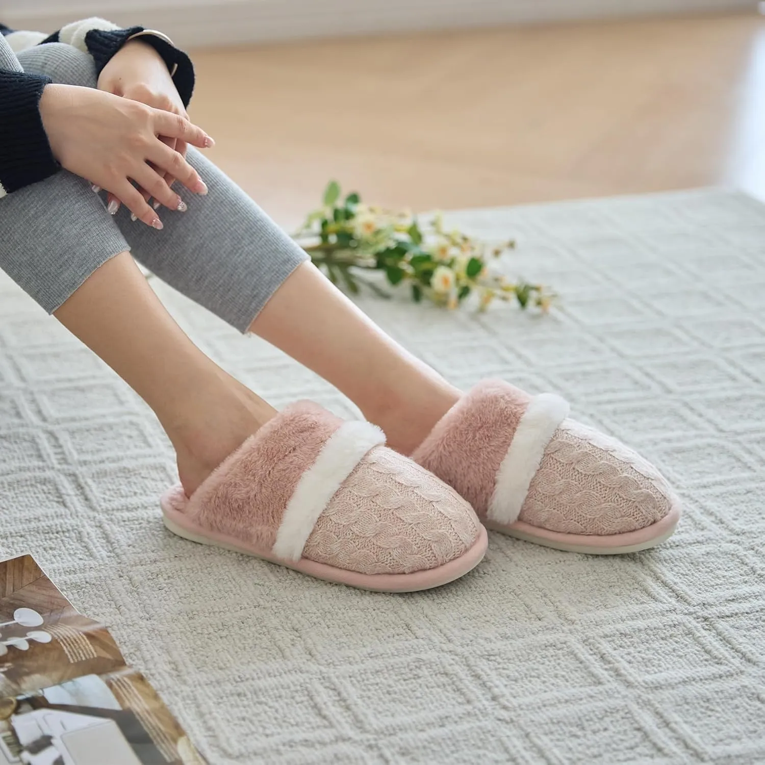 Fuzzy Slippers for Women Indoor and Outdoor Cozy Soft Women's Slipper Knit House Shoes with Memory Foam Anti-Skid Sole Gifts for Womens Mom Her Ladies