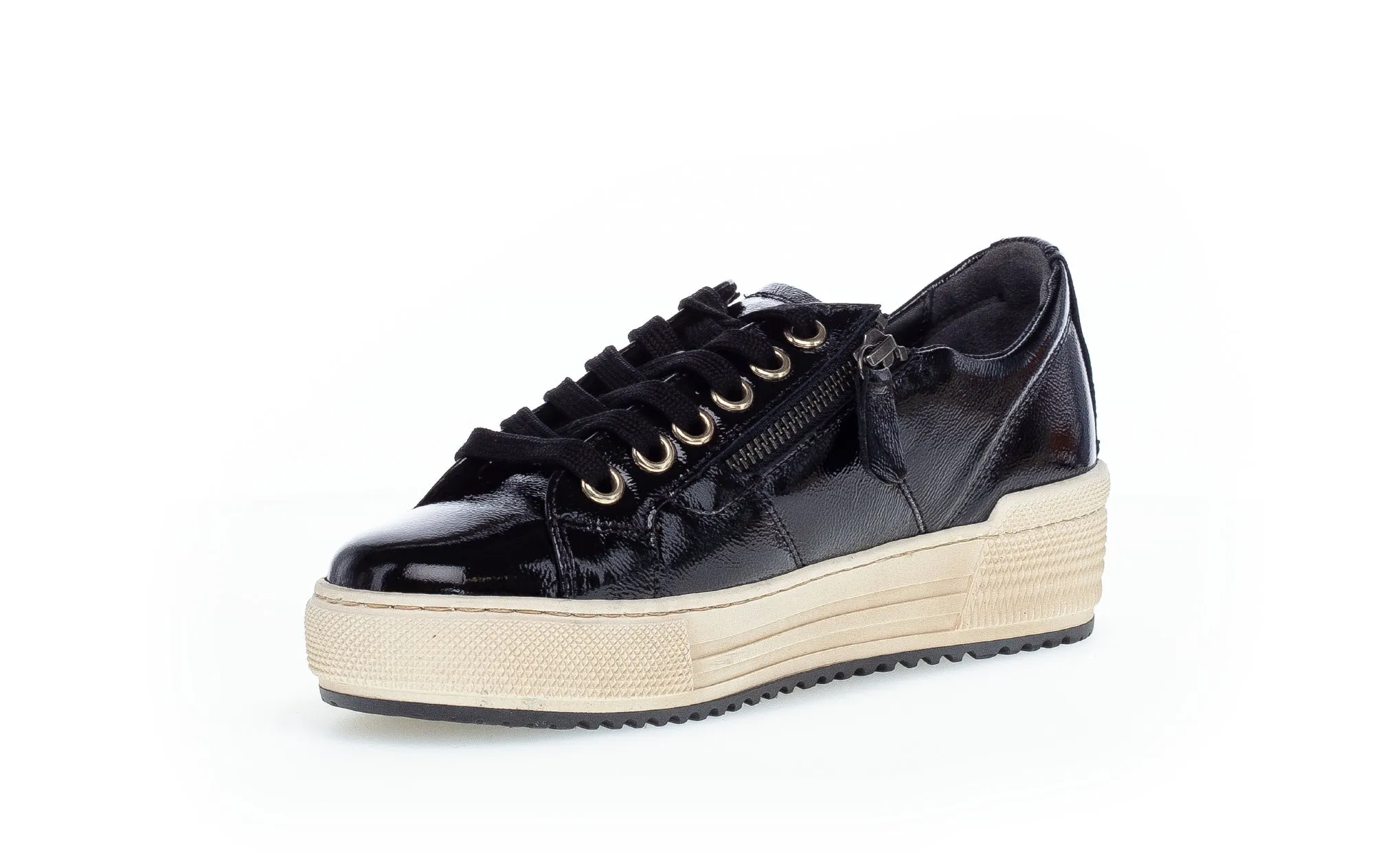 GABOR 76.538.97 - LACED FASHION SHOE WTH WHITE SOLE - BLACK PATENT