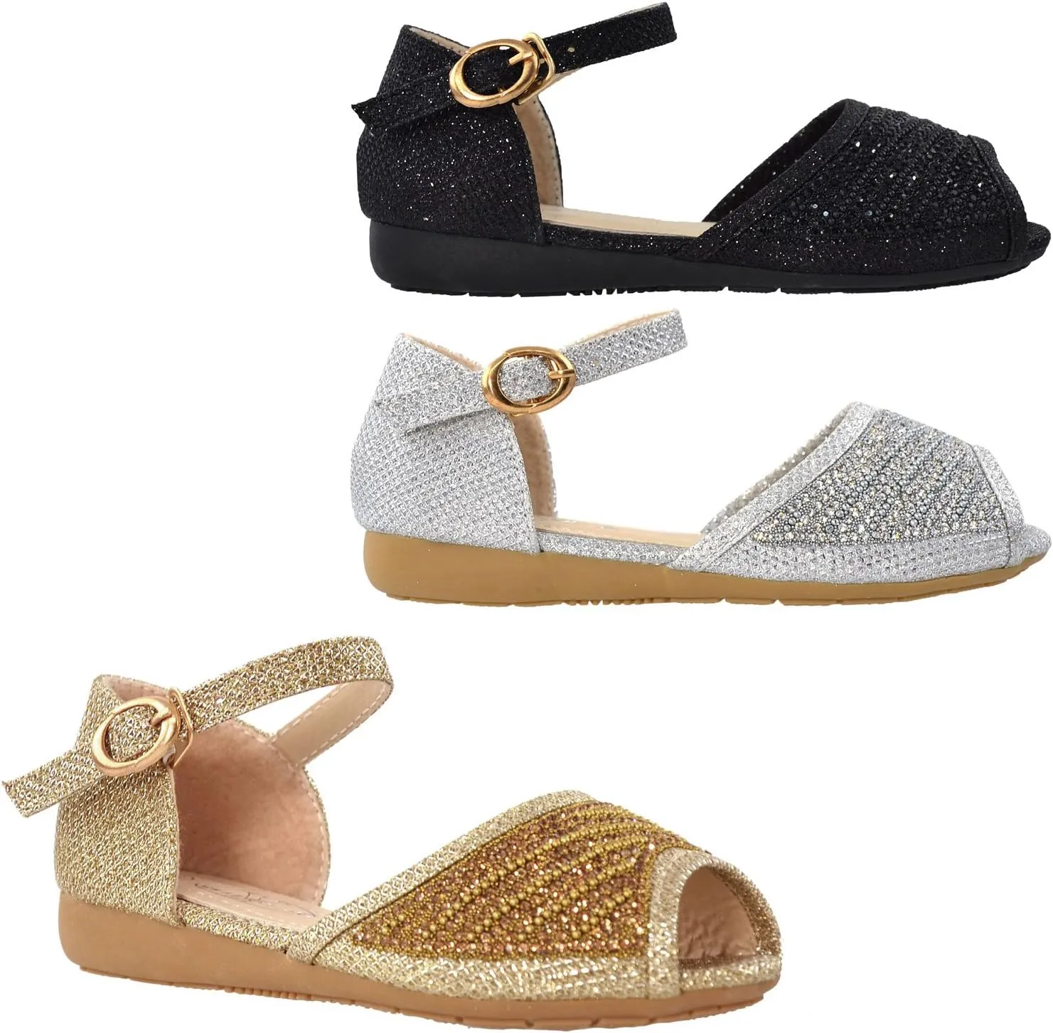 Generation Y Girls Flat Sandals Kids Peep Toe Ankle Strap Glitter Dress Shoes GY-KS-IVY-01