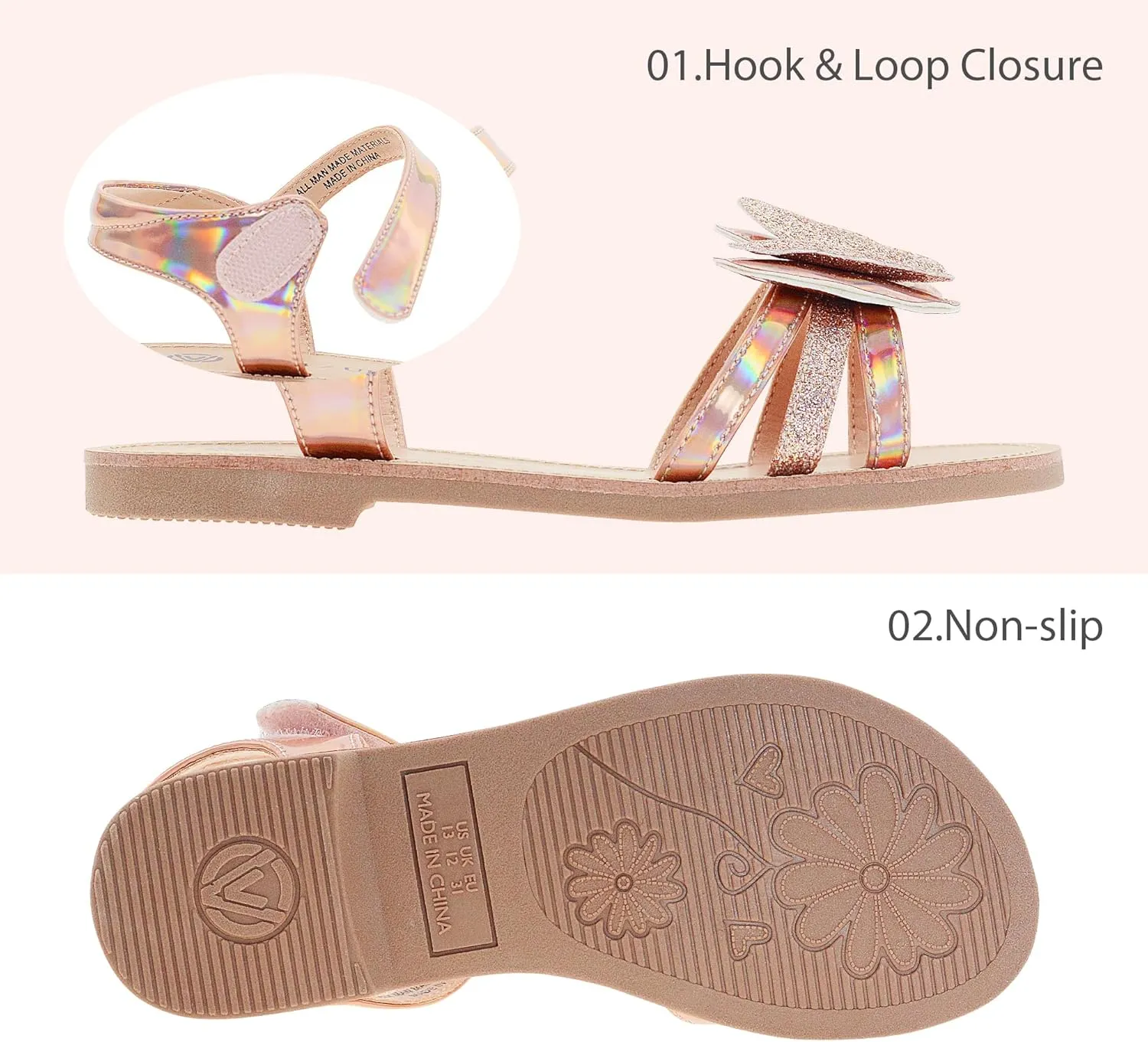 Girls Pink Flat Sandals for Girls, Shiny Princess Wedding Party Shoes