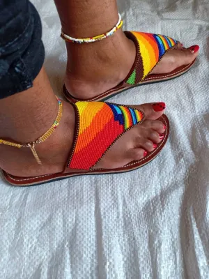 Handmade African Beaded Sandals/Authentic Maasai-Style Leather Flip-Flops Women/Boho Beach Sandals/Comfortable Summer Sandal African Gifts