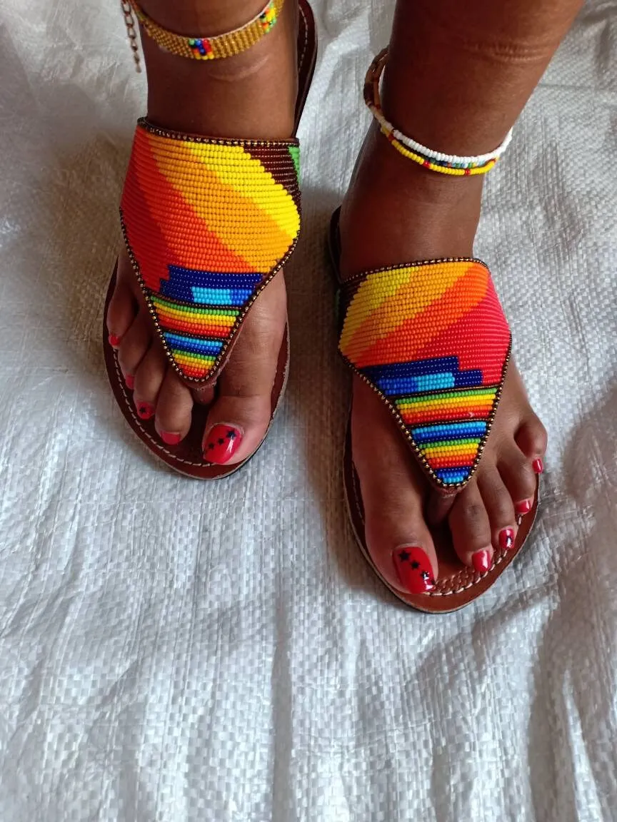 Handmade African Beaded Sandals/Authentic Maasai-Style Leather Flip-Flops Women/Boho Beach Sandals/Comfortable Summer Sandal African Gifts