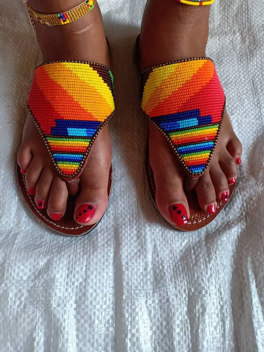 Handmade African Beaded Sandals/Authentic Maasai-Style Leather Flip-Flops Women/Boho Beach Sandals/Comfortable Summer Sandal African Gifts
