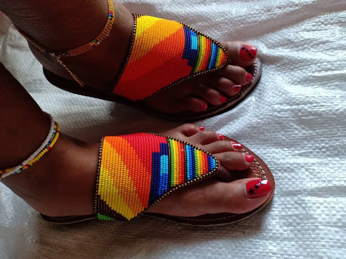 Handmade African Beaded Sandals/Authentic Maasai-Style Leather Flip-Flops Women/Boho Beach Sandals/Comfortable Summer Sandal African Gifts