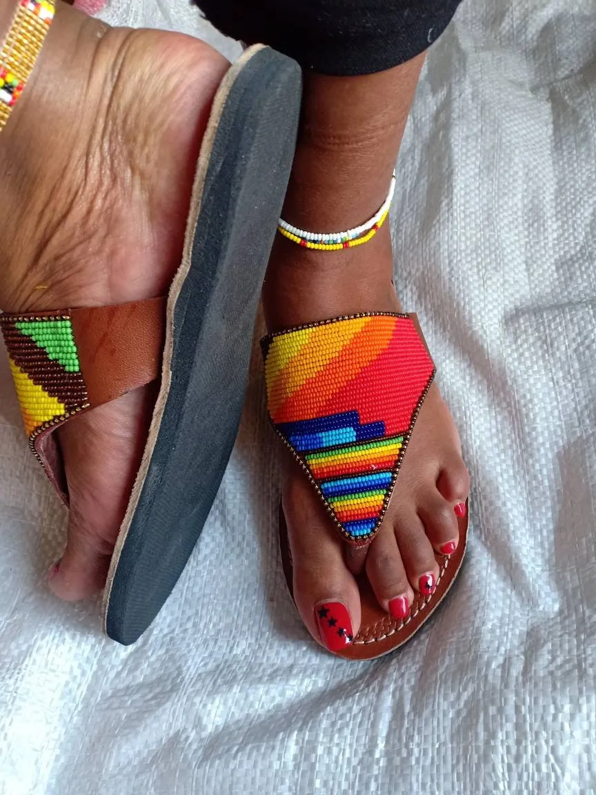Handmade African Beaded Sandals/Authentic Maasai-Style Leather Flip-Flops Women/Boho Beach Sandals/Comfortable Summer Sandal African Gifts