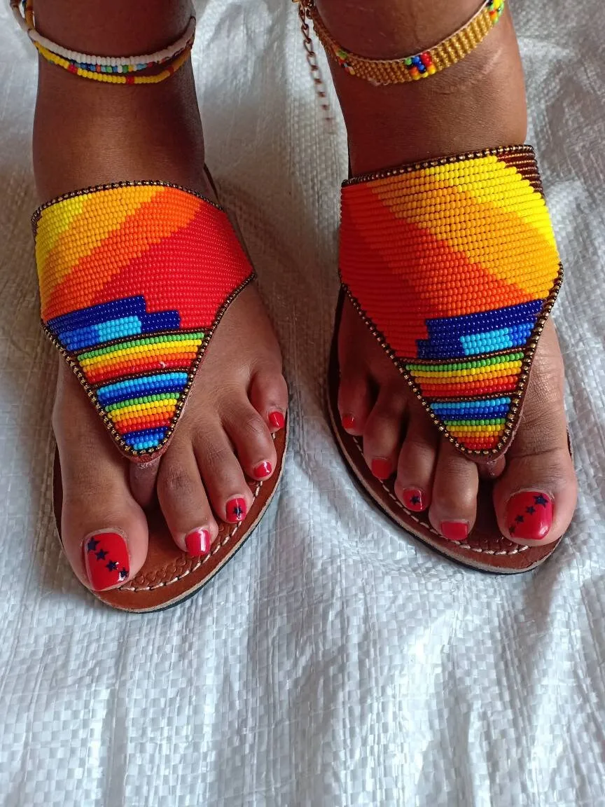 Handmade African Beaded Sandals/Authentic Maasai-Style Leather Flip-Flops Women/Boho Beach Sandals/Comfortable Summer Sandal African Gifts