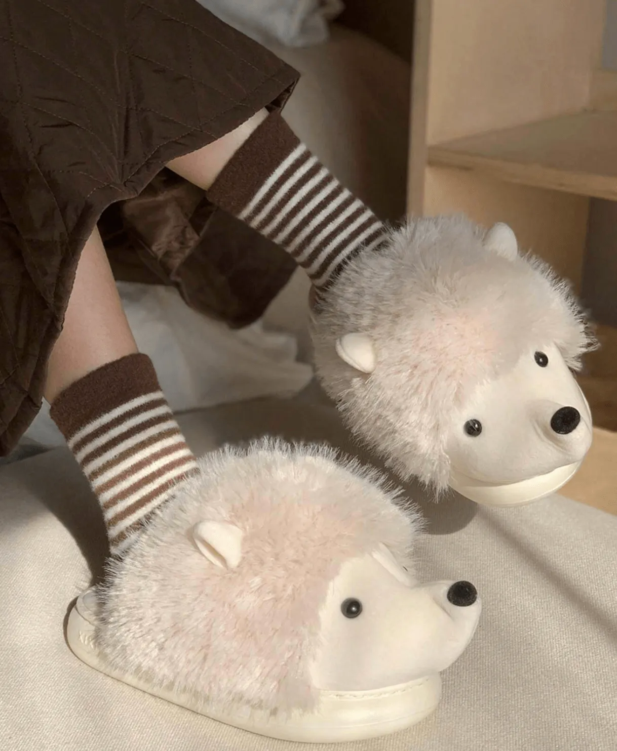 Hedgehog Furry Slippers – Warm Plush Animal Slippers for Adults