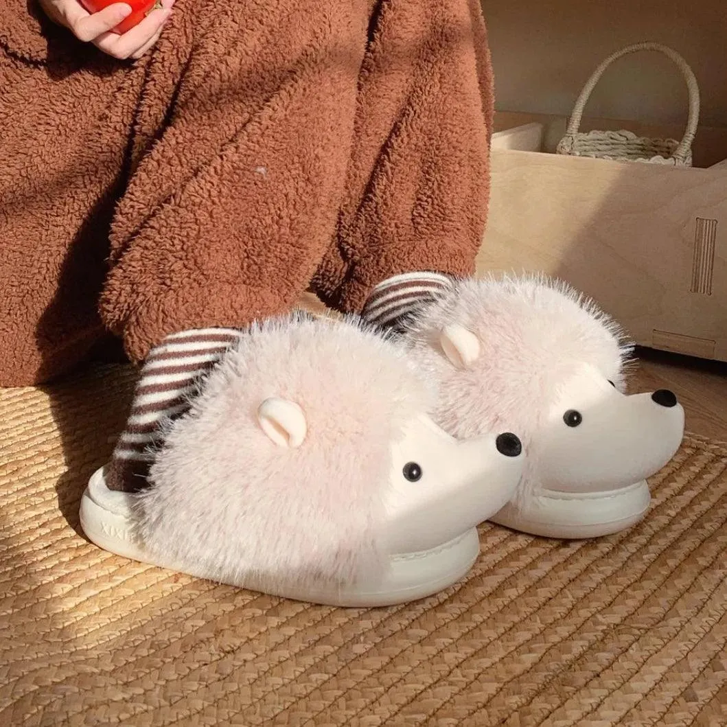 Hedgehog Furry Slippers – Warm Plush Animal Slippers for Adults