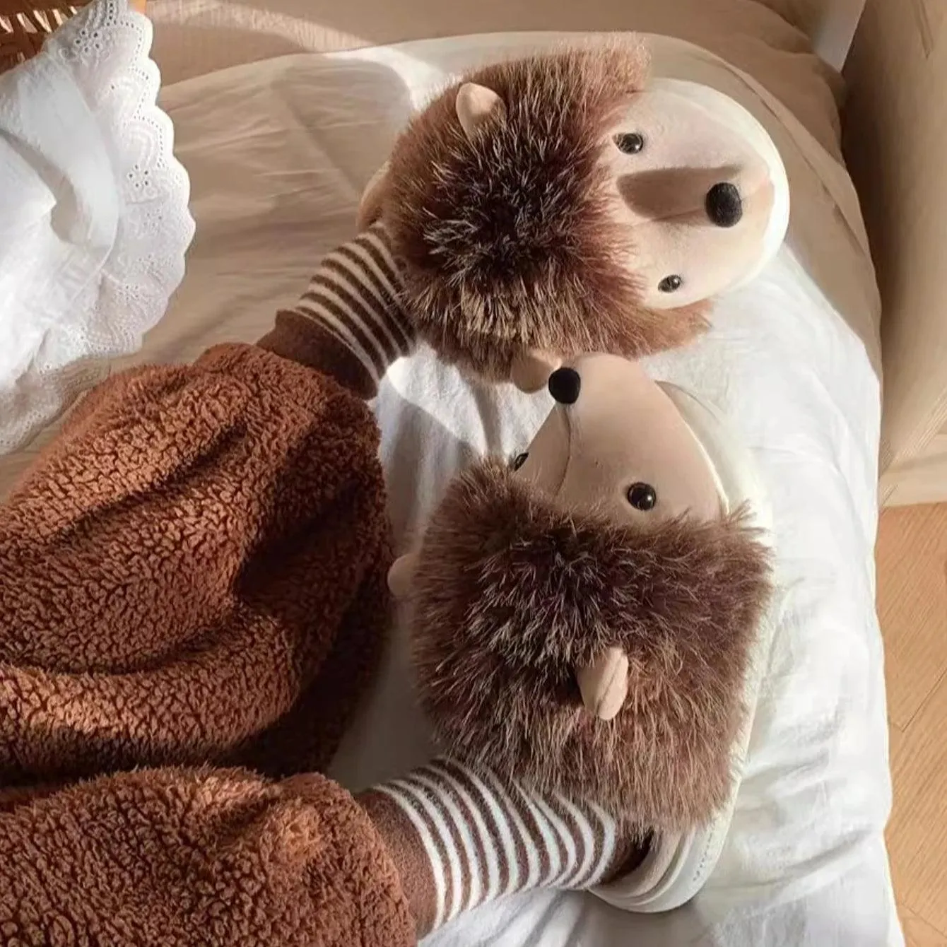Hedgehog Furry Slippers – Warm Plush Animal Slippers for Adults