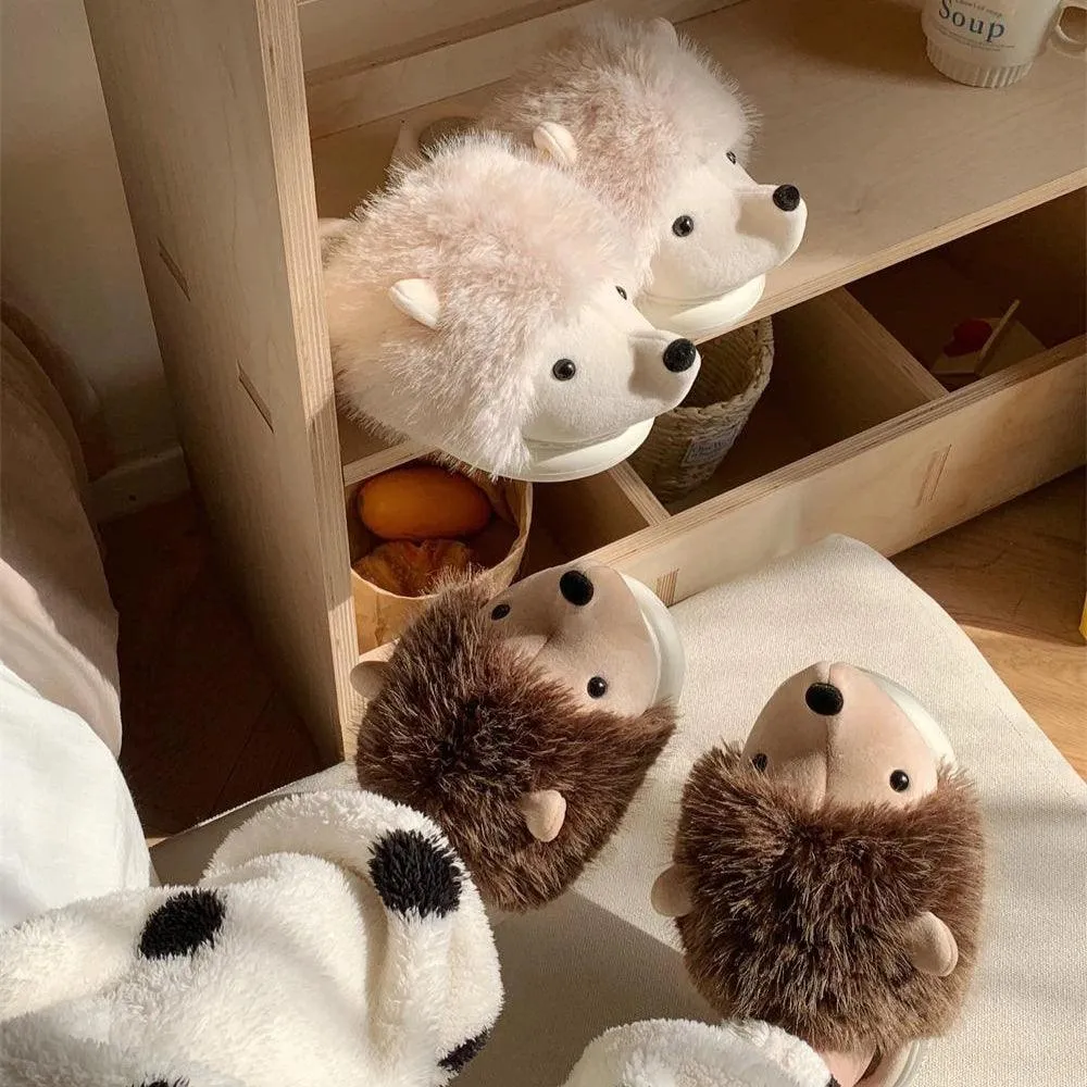 Hedgehog Furry Slippers – Warm Plush Animal Slippers for Adults