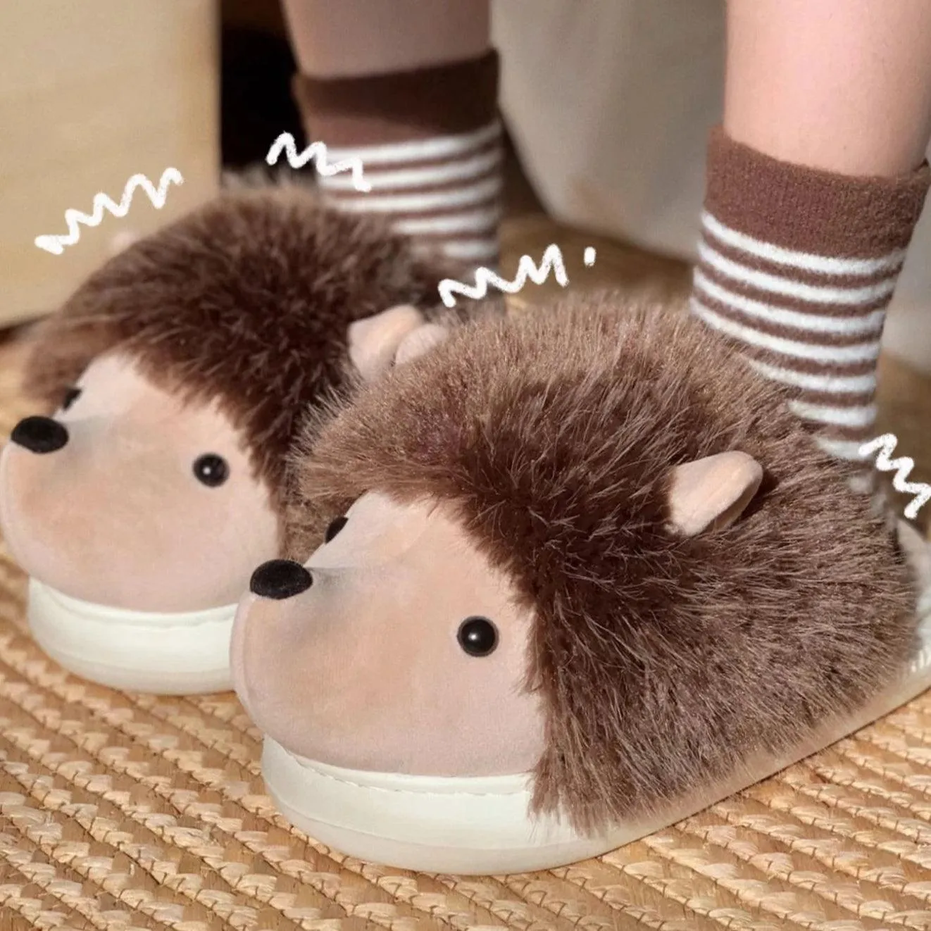 Hedgehog Furry Slippers – Warm Plush Animal Slippers for Adults
