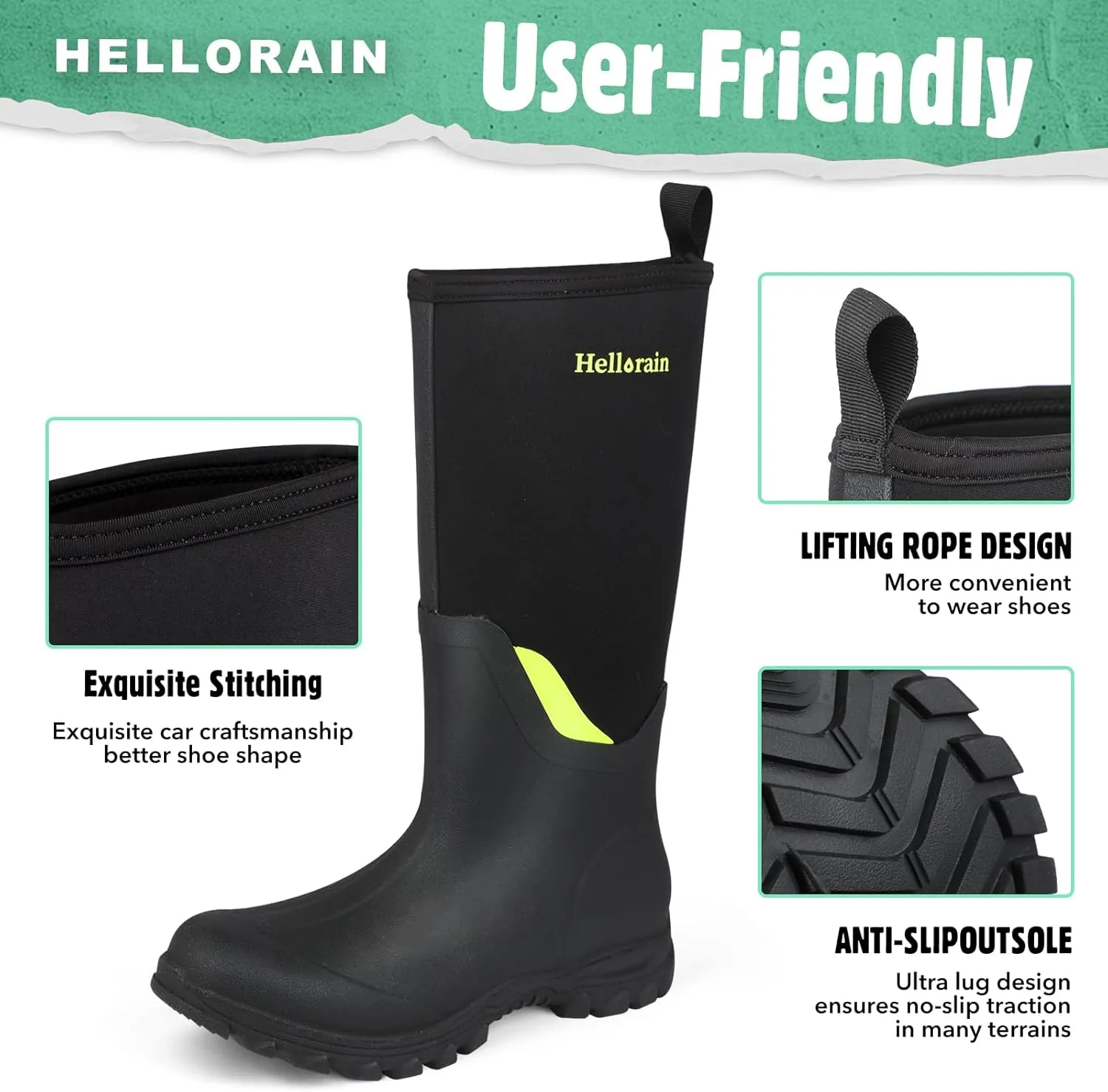 Hellorain Neoprene Rubber Waterproof Outdoor Rainboots Professional Non-slip Lightweight Breathable Women's Rain Shoes Suitable for Farms, Fish Ponds, Gardens