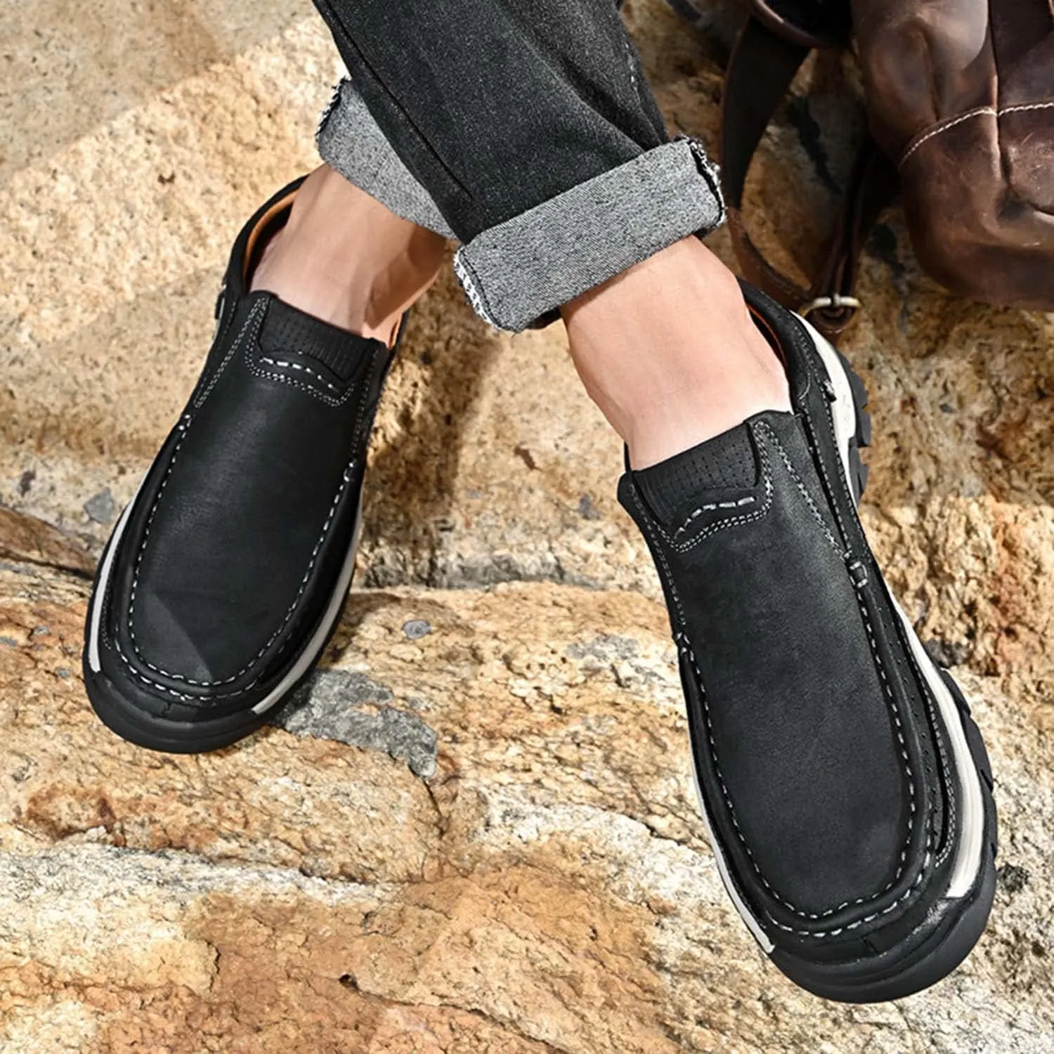 HESBITEUL Men's Leather Loafers Office Slip-on Shoes Casual Walking for Work Outdoor Trekking
