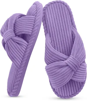 IPSAE Summer House Slippers for Woman Memory Foam Open Toe Slippers Corduroy Cross Bow Womens Slipper Slides Comfy Indoor Bedroom Slip On Shoes