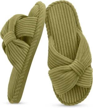 IPSAE Summer House Slippers for Woman Memory Foam Open Toe Slippers Corduroy Cross Bow Womens Slipper Slides Comfy Indoor Bedroom Slip On Shoes