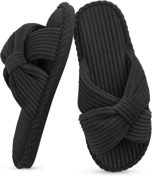 IPSAE Summer House Slippers for Woman Memory Foam Open Toe Slippers Corduroy Cross Bow Womens Slipper Slides Comfy Indoor Bedroom Slip On Shoes