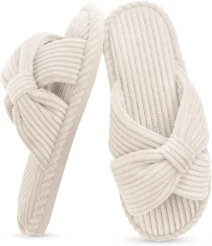 IPSAE Summer House Slippers for Woman Memory Foam Open Toe Slippers Corduroy Cross Bow Womens Slipper Slides Comfy Indoor Bedroom Slip On Shoes