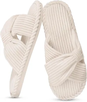 IPSAE Summer House Slippers for Woman Memory Foam Open Toe Slippers Corduroy Cross Bow Womens Slipper Slides Comfy Indoor Bedroom Slip On Shoes