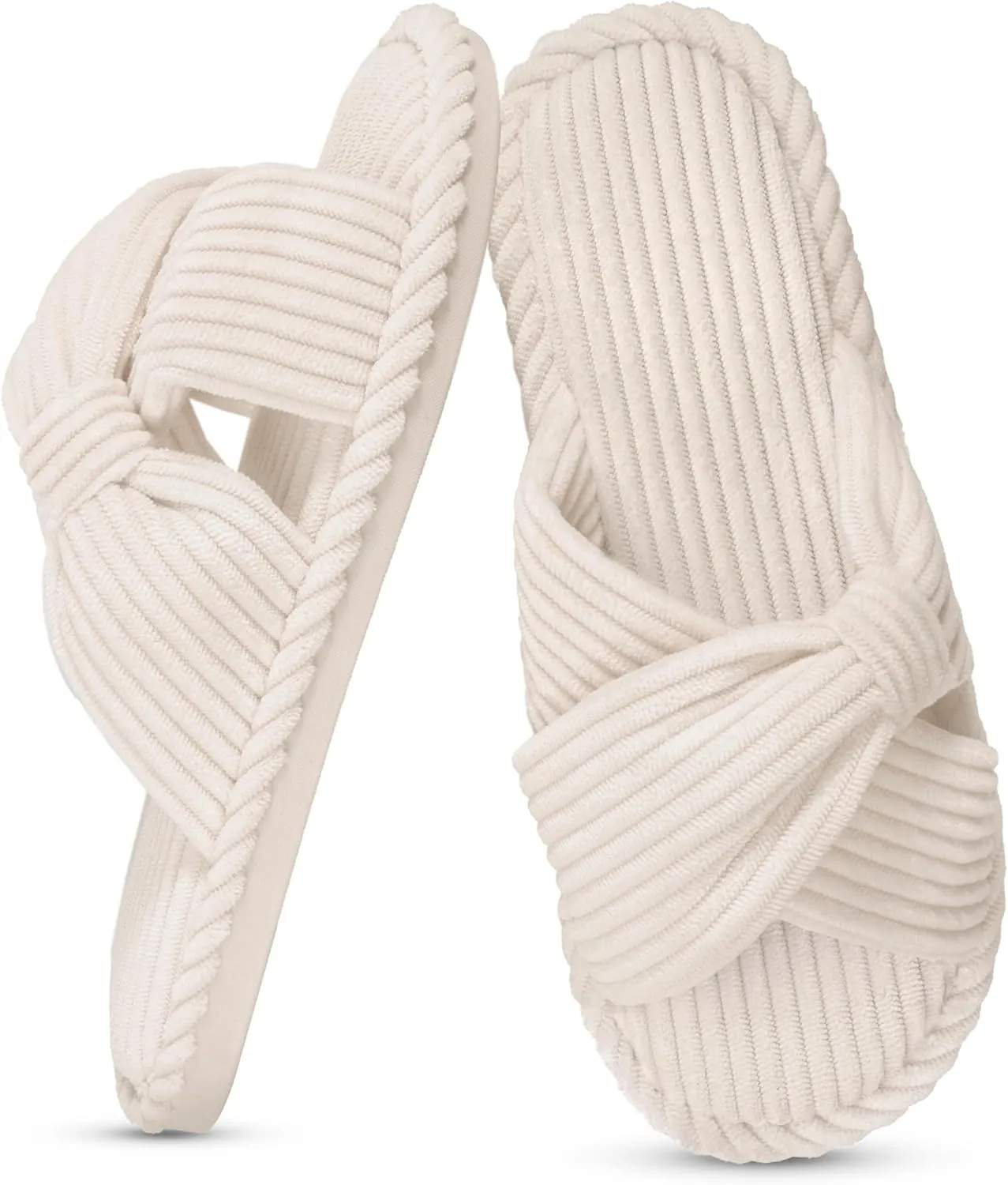 IPSAE Summer House Slippers for Woman Memory Foam Open Toe Slippers Corduroy Cross Bow Womens Slipper Slides Comfy Indoor Bedroom Slip On Shoes