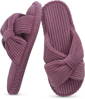 IPSAE Summer House Slippers for Woman Memory Foam Open Toe Slippers Corduroy Cross Bow Womens Slipper Slides Comfy Indoor Bedroom Slip On Shoes