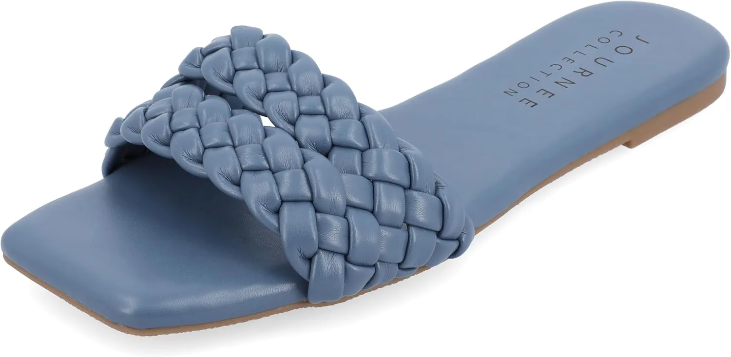 Journee Braided Open Square Toe Banded Flat Slip On Padded Sawyerr Casual Fashion Woven Slide Sandals