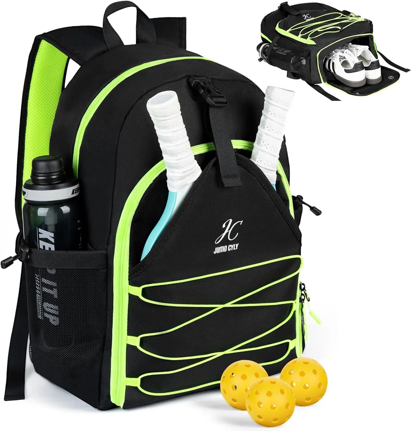 JUMO CYLY Pickleball Backpack, Pickleball Bag with Shoe Compartment, Large Lightweight Paddle Backpack for Men and Women Holds 4 Paddles Padel Bag Gifts for Pickleball Lovers, Black