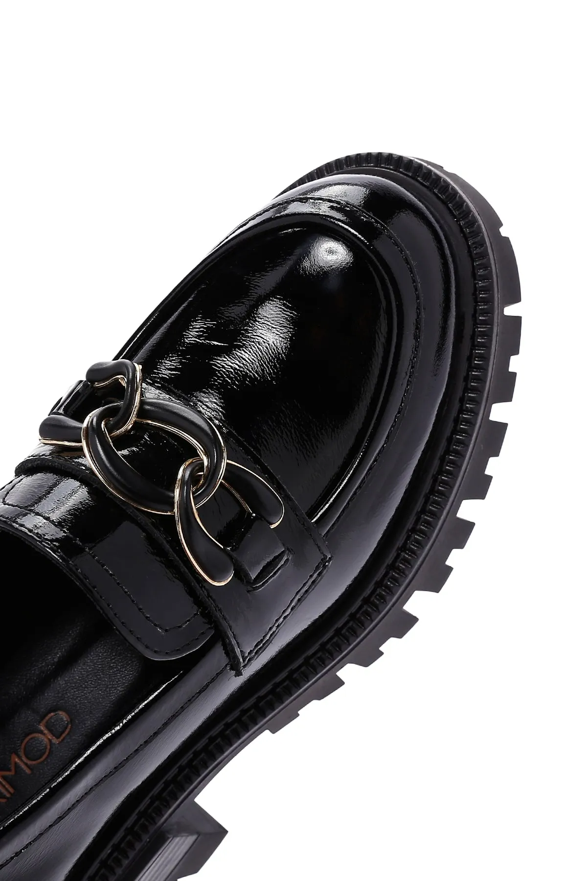 Kadın Siyah Kalın Tabanlı Tokalı Rugan Deri Casual Loafer