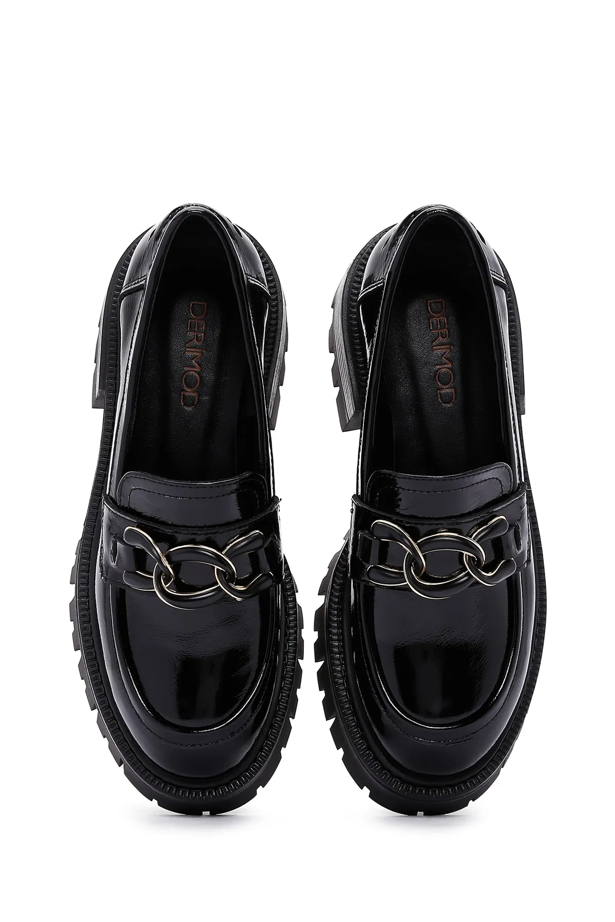 Kadın Siyah Kalın Tabanlı Tokalı Rugan Deri Casual Loafer