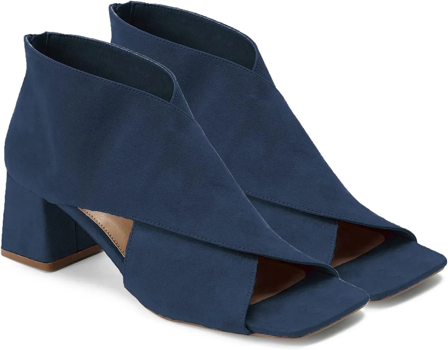 LEHOOR Women Chunky Heel Open Toe Booties Suede Side Cut-Out Ankle Boots Square Peep Toe 2 Inch Block Mid Heels Dress Heeled Sandal Booties Back Zipper Summer Casual Size 4-11 M US