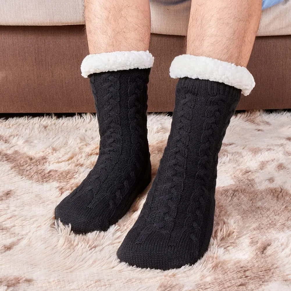 LEMZONE Men's Warm Cozy Slipper Socks Non Slip Winter Fuzzy Fleece Lining Cabin Sock with Grips