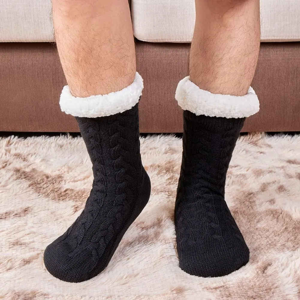 LEMZONE Men's Warm Cozy Slipper Socks Non Slip Winter Fuzzy Fleece Lining Cabin Sock with Grips