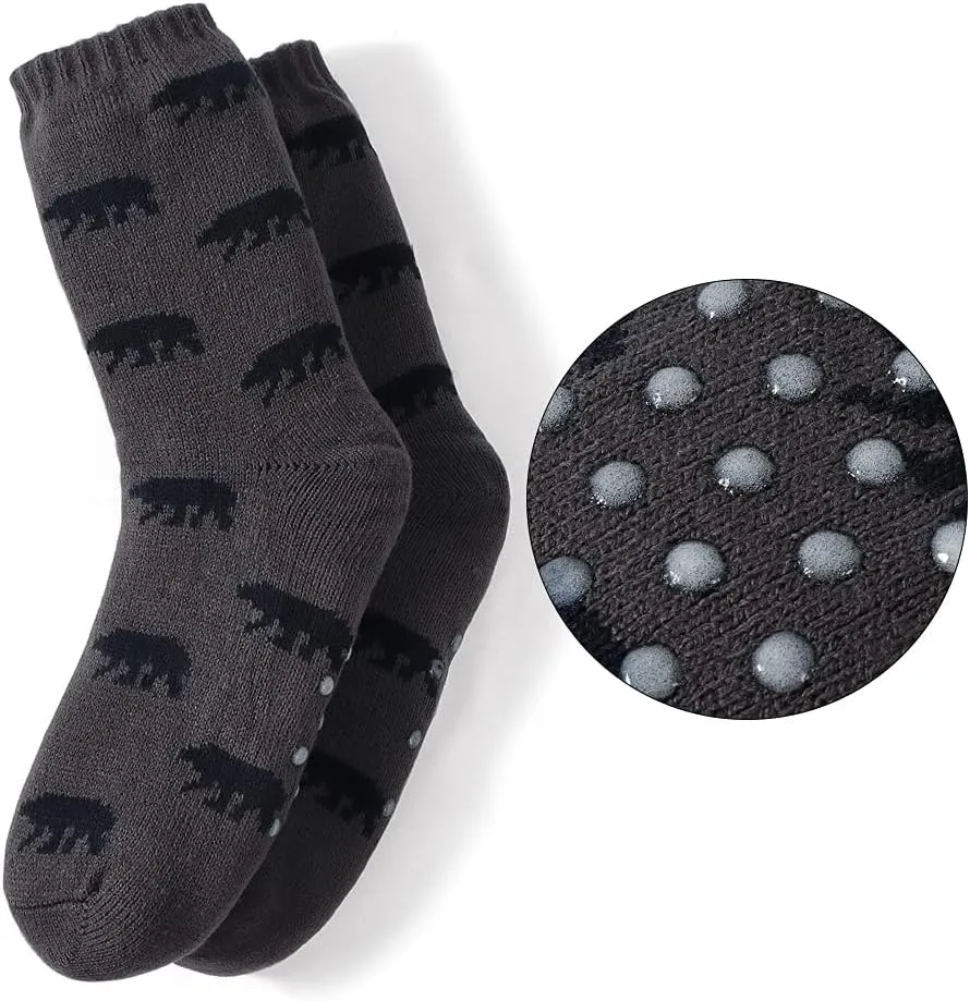 LEMZONE Men's Warm Cozy Slipper Socks Non Slip Winter Fuzzy Fleece Lining Cabin Sock with Grips