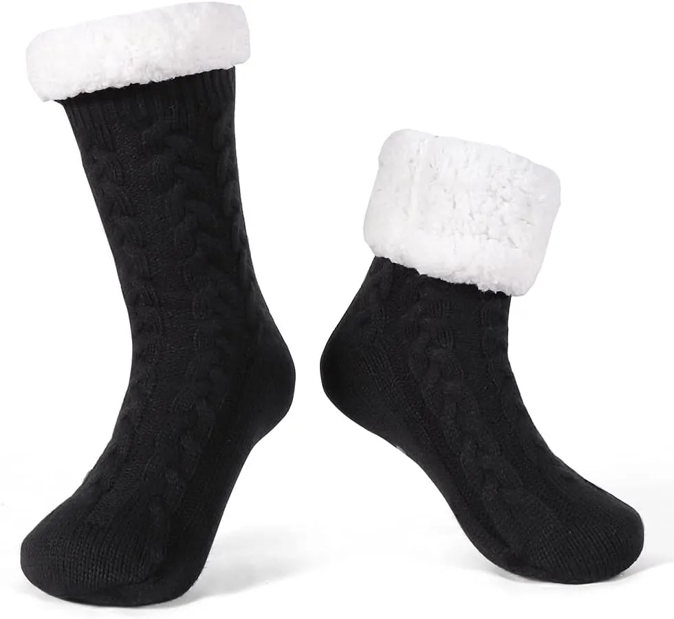 LEMZONE Men's Warm Cozy Slipper Socks Non Slip Winter Fuzzy Fleece Lining Cabin Sock with Grips