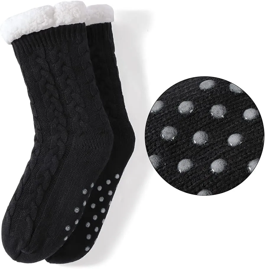 LEMZONE Men's Warm Cozy Slipper Socks Non Slip Winter Fuzzy Fleece Lining Cabin Sock with Grips