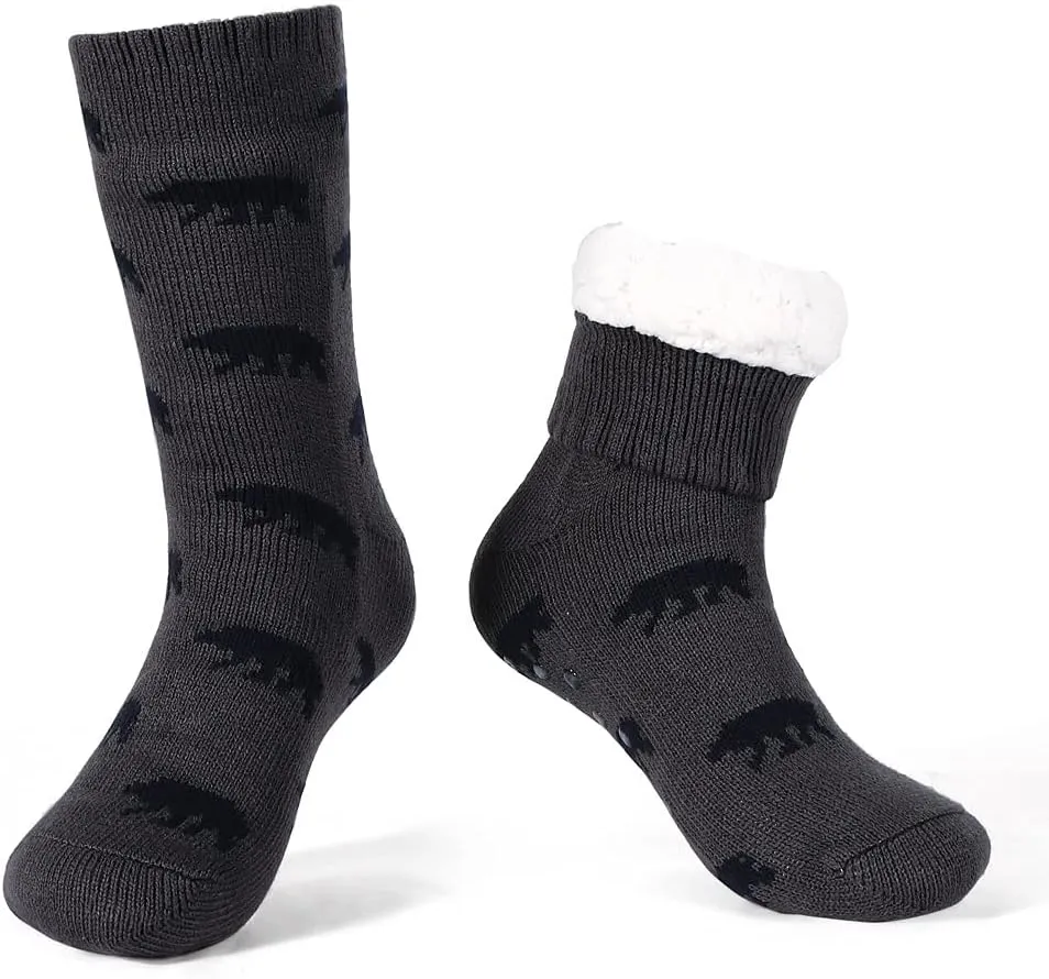 LEMZONE Men's Warm Cozy Slipper Socks Non Slip Winter Fuzzy Fleece Lining Cabin Sock with Grips