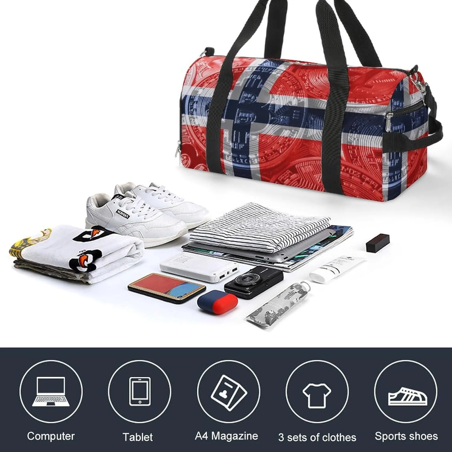 Lightweight Norway Flag Bitcoin Gym Bag with Shoe Compartment Waterproof Duffel