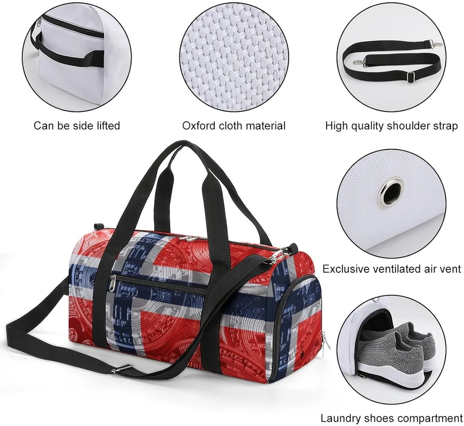 Lightweight Norway Flag Bitcoin Gym Bag with Shoe Compartment Waterproof Duffel