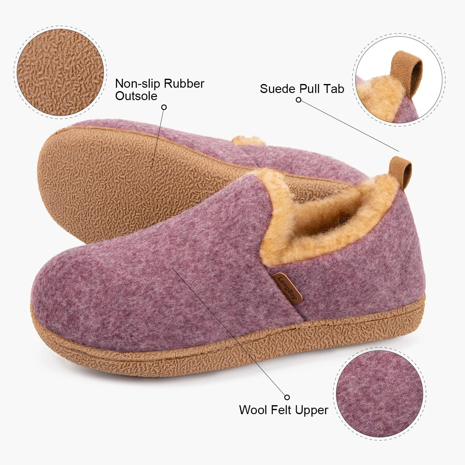 LongBay Women's Felt Bootie Slippers Warm Cozy Memory Foam Slipper Boots with Polar Fleece Lining Non Slip House Shoes Indoor Outdoor