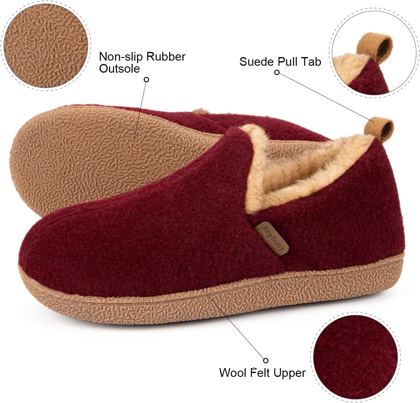 LongBay Women's Felt Bootie Slippers Warm Cozy Memory Foam Slipper Boots with Polar Fleece Lining Non Slip House Shoes Indoor Outdoor