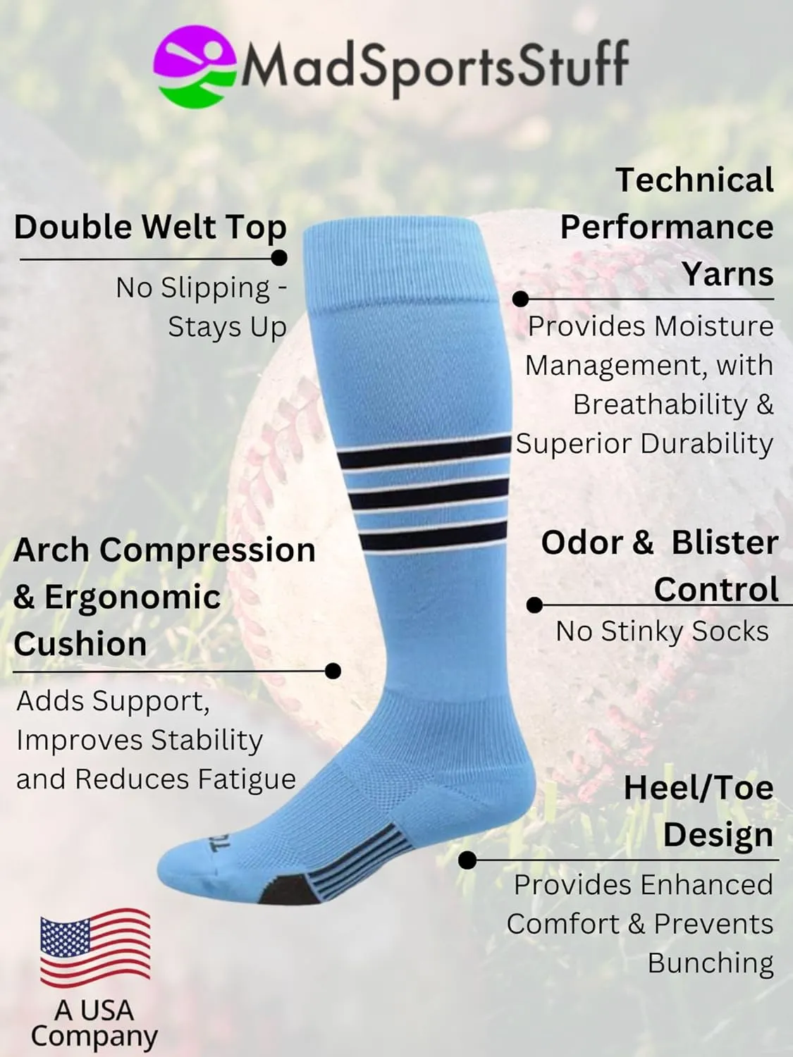MadSportsStuff Dugout Striped Baseball Socks Softball Youth and Adult for Boys Girls Men Women Over the Calf Length